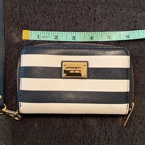 Michael Kors Navy & White Striped Saffiano Leather Zip Wallet Wristlet
